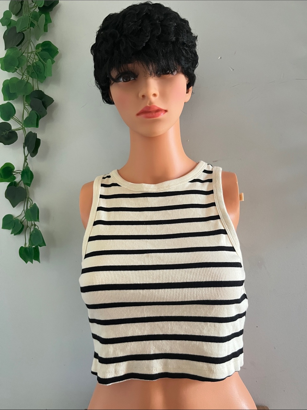 H&M Black and Cream Striped Ribbed Crop Tank